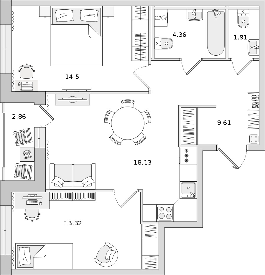 2-комнатная квартира 61.83 м², 15/19 эт., ЖК «Город Первых»